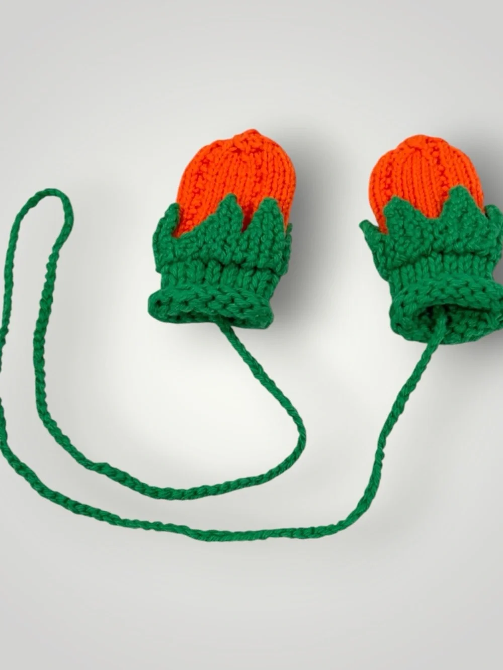Hand-Knit Orange & Green Kids Mittens with Attached String 0-12 Months